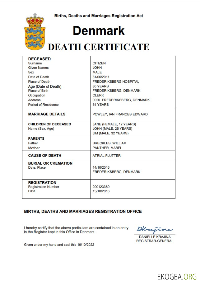 Modèle Word et PDF de certificat de décès de l'état civil du Danemark